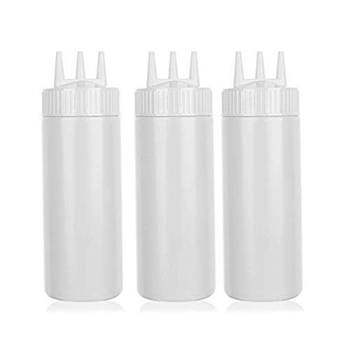 beyonday 3pcs Seasoning Squeeze Bottles 3 Hole Ketchup Mustard Dressing Squeeze Squirt Bottles Salad Sauce Condiment Cream Squeeze Bottles for Kitchen Restaurant Bakery24oz White