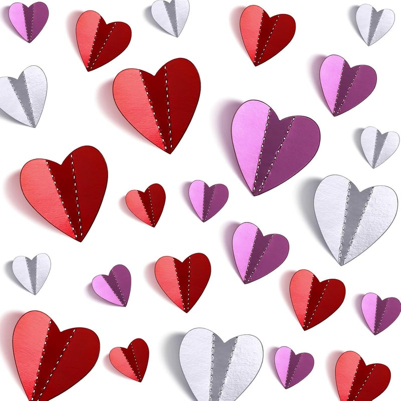 Geyoga 120 Pcs Valentines Day Heart Wall Stickers Decorations 3D Heart Decals Paper Cuts for Bulletin Board Window Home Office Bedroom Wedding Party Deocr 4 SizesRed Pink Silver - Image 1