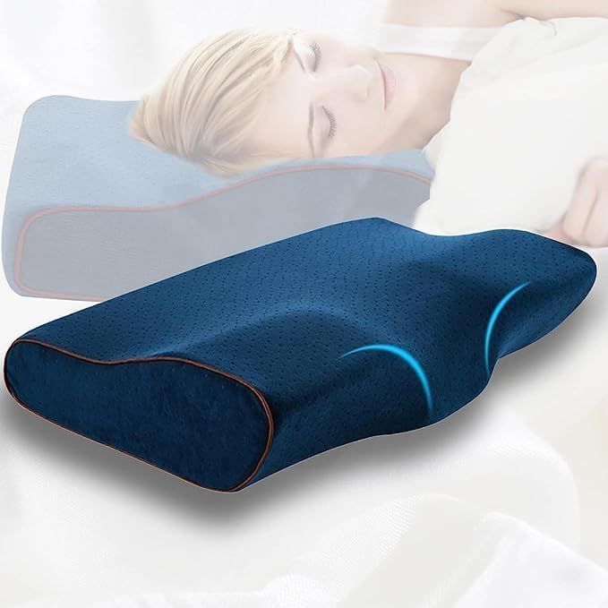 Catron Memory Foam Pillows Neck Pillow Bed Cervical Pillow for Neck Pain Relief Orthopedic Neck Pillow with Washable CoverBed Pillows for Side Navy Blue - Image 2