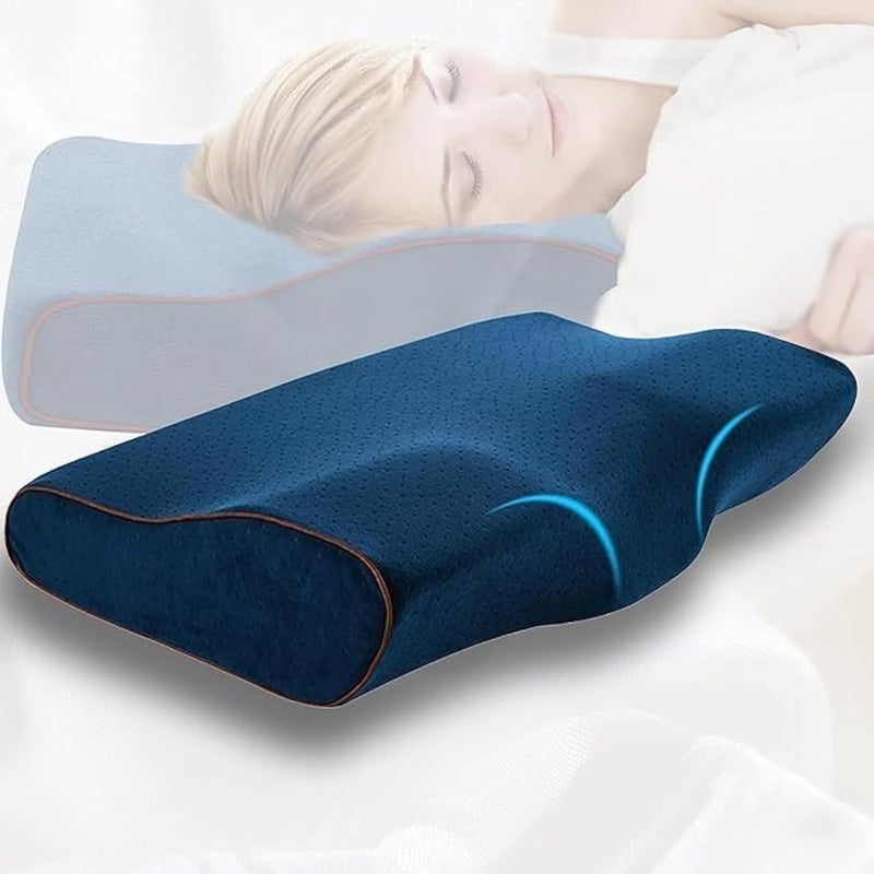 Catron Memory Foam Pillows Neck Pillow Bed Cervical Pillow for Neck Pain Relief Orthopedic Neck Pillow with Washable CoverBed Pillows for Side Navy Blue - Image 1