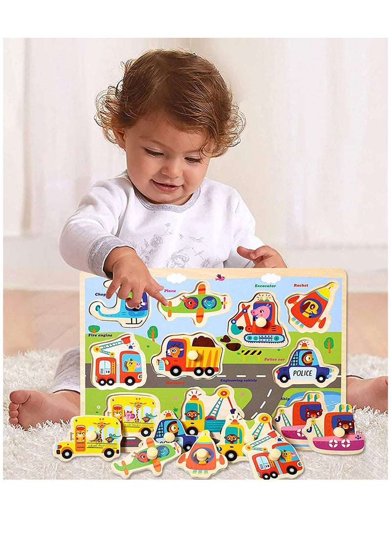 Wooden Peg Puzzles for Toddlers Kids Educational Learning Toys Preeschool Peg Puzzles Toy 3 Pcs Toddler Puzzles Set Traffic Animals and Ocean Great Gift for Girls and Boys  - Image 5