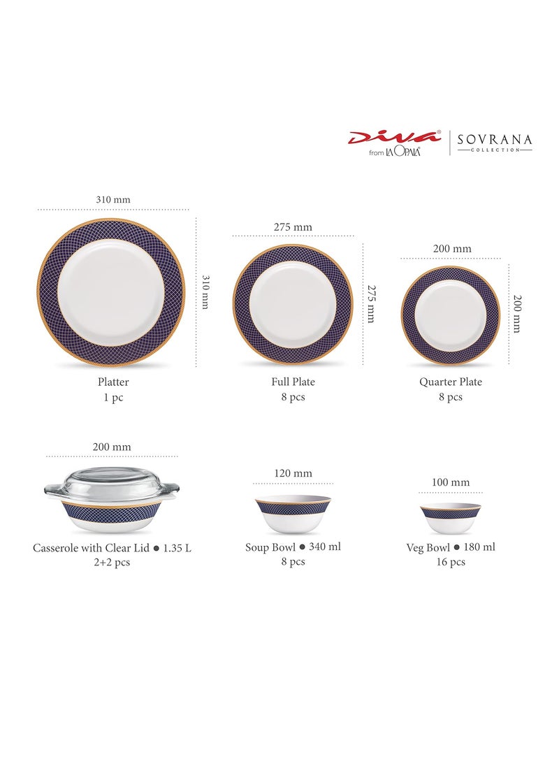 La Opala La Opala Diva Sovrana Collection Opal Glass Crockery | for Family of 8 | Dinner Set 45 pcs Regent Blue | Plates & Bowls for Dining | Microwave Safe | 100% Vegetarian | Extra Strong | Light & White  - Image 3