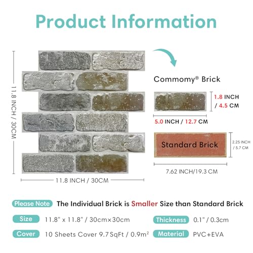 Commomy 10 Pcs 3D Faux Brick Peel and Stick -11.8"X11.8" Small Size Thin PVC Brick Wall Panels Farmhouse DIY Self-Adhesive Wallpaper Tile for Kitchen Backsplash, Living Room, RV - Image 5