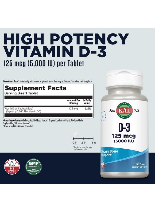 KAL Vitamin D3 5000 IU 125 mcg, High Potency Vitamin D Tablets, Calcium Absorption, Bone Health and Immune Support Supplement, Rapid Disintegration D-3 ActivTabs, 60-Day Guarantee, 60 Serv, 60 Tablets - Image 2