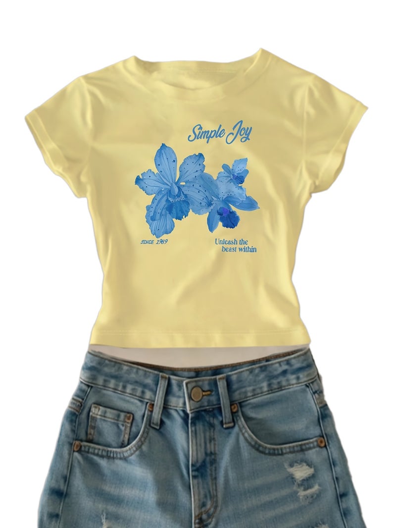 00008 - Women'S Casual Top English Letter Petal Print Girly Heart Sweet Cool American Style Ins Hot Summer T - Shirt - CC75 - Yellow 2 / XS - Image 1