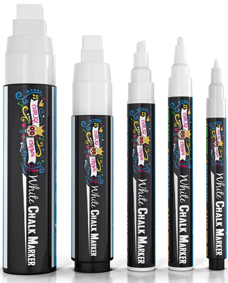 CHALKY CROWN علامات الطباشير البيضاء CHALKY CROWN 5 قطع - علامات الطباشير السائلة غير السامة، علامات الطباشير السائلة البيضاء للنوافذ والزجاج - رؤوس 1، 3، 6، 10، 15 مم - Image 1