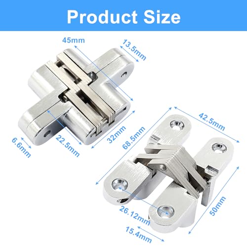 Rierdge 68.5 mm Hidden Hinge, Stainless Steel 180 Degree Invisible Cross Hinges for Kitchen Cabinet Door, Frameless Concealed Hinge with Screws, 4pcs - Image 3