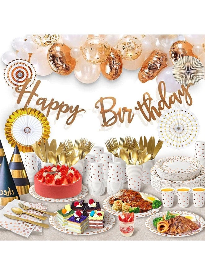 مويكسين 200 قطعة من لوازم الحفلات باللون الذهبي الوردي، تكفي 25 مجموعة أواني طعام للاستعمال مرة واحدة، وملاعق شوك بلاستيكية ذهبية وأطباق ورقية بيضاء منقطة ذهبية ومناديل وأكواب لأعياد الميلاد (A-200 قطعة) - Image 4