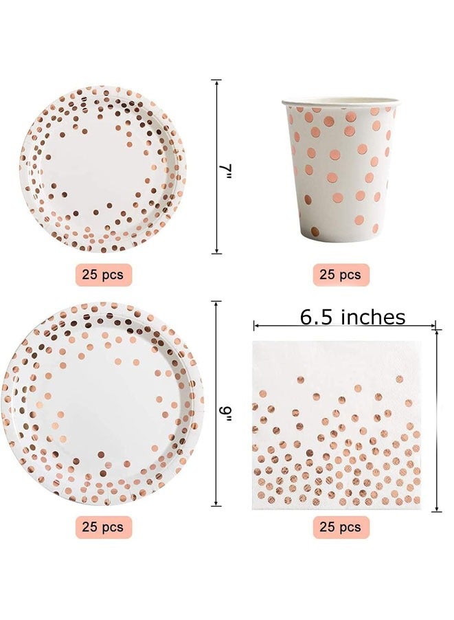 مويكسين 200 قطعة من لوازم الحفلات باللون الذهبي الوردي، تكفي 25 مجموعة أواني طعام للاستعمال مرة واحدة، وملاعق شوك بلاستيكية ذهبية وأطباق ورقية بيضاء منقطة ذهبية ومناديل وأكواب لأعياد الميلاد (A-200 قطعة) - Image 2
