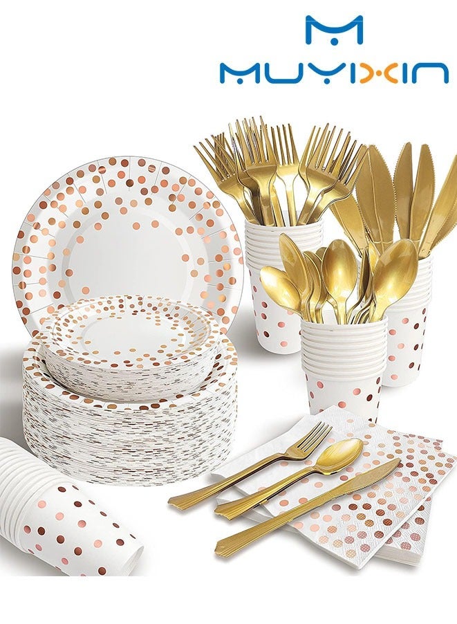 مويكسين 200 قطعة من لوازم الحفلات باللون الذهبي الوردي، تكفي 25 مجموعة أواني طعام للاستعمال مرة واحدة، وملاعق شوك بلاستيكية ذهبية وأطباق ورقية بيضاء منقطة ذهبية ومناديل وأكواب لأعياد الميلاد (A-200 قطعة) - Image 1