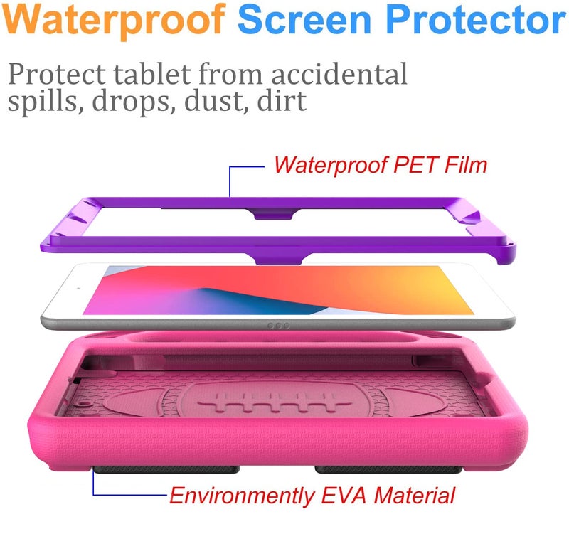 BMOUO Kids Case for iPad 9th/8th/7th Generation (2021/2020/2019), with Built-in Screen Protector, Shockproof Handle Stand Kids iPad 10.2 Case, Rose and Purple - Image 3