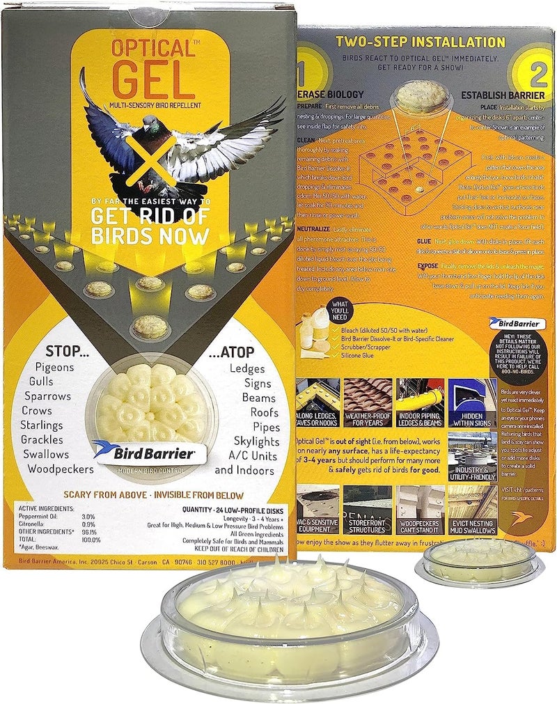 Bird Barrier Optical Gel 24 Pack | Natural Multisensory Bird Deterrent | Easy Installation | Discreet Appearance | Long-Lasting Solution | Repels Birds on Roofs, Beams Signs, Soffits, Ledges, and More - Image 1