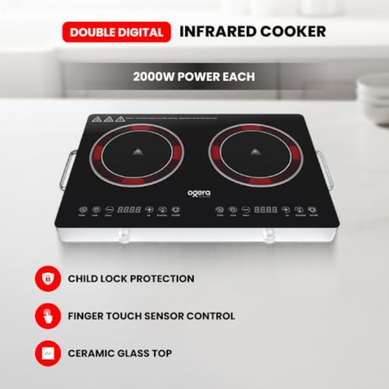 Double Digital Infrared Cooker, 2000W Dual Burner, Ceramic Glass Top, Touch Sensor Control, Child Lock Protection, Model OG8040IFC, 2 Year Warranty - Image 2