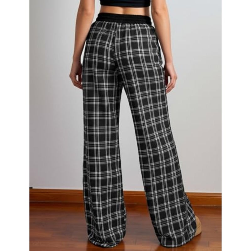 Women's gingham plaid sweatpants for lounging and sleeping, soft cotton blend, navy and white, ultra-comfortable wide-leg baggy fit with drawstring waist and functional pockets - Image 2