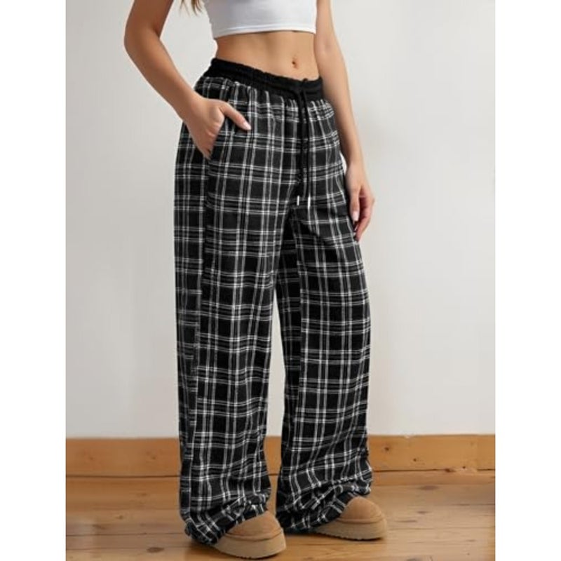 Women's gingham plaid sweatpants for lounging and sleeping, soft cotton blend, navy and white, ultra-comfortable wide-leg baggy fit with drawstring waist and functional pockets - Image 3