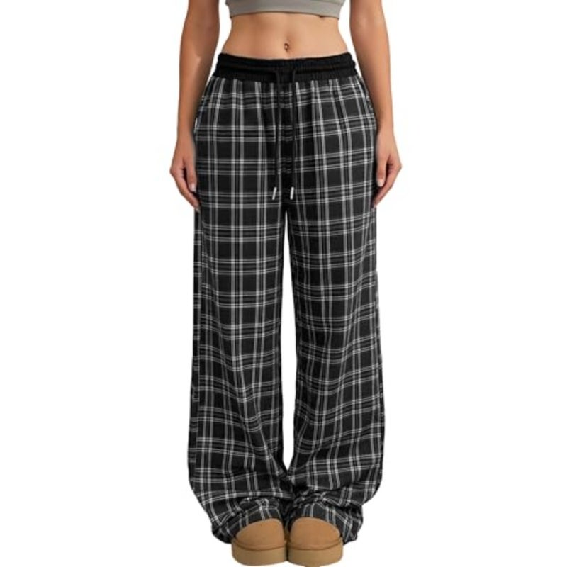 Women's gingham plaid sweatpants for lounging and sleeping, soft cotton blend, navy and white, ultra-comfortable wide-leg baggy fit with drawstring waist and functional pockets - Image 1