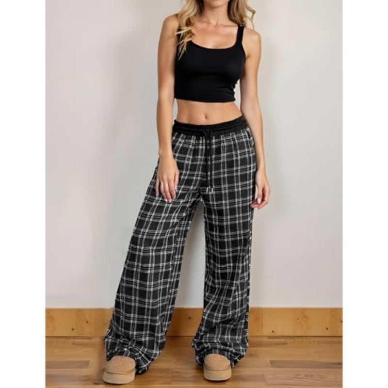 Women's gingham plaid sweatpants for lounging and sleeping, soft cotton blend, navy and white, ultra-comfortable wide-leg baggy fit with drawstring waist and functional pockets - Image 4