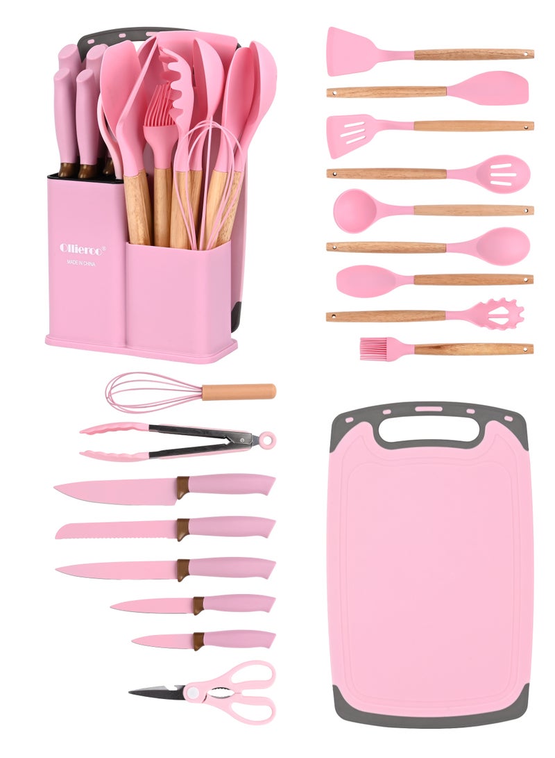 Ollieroo 19 Piece Kitchen Knives and Tools Set 1500G Pink for Home Cooking Daily Use - Image 1