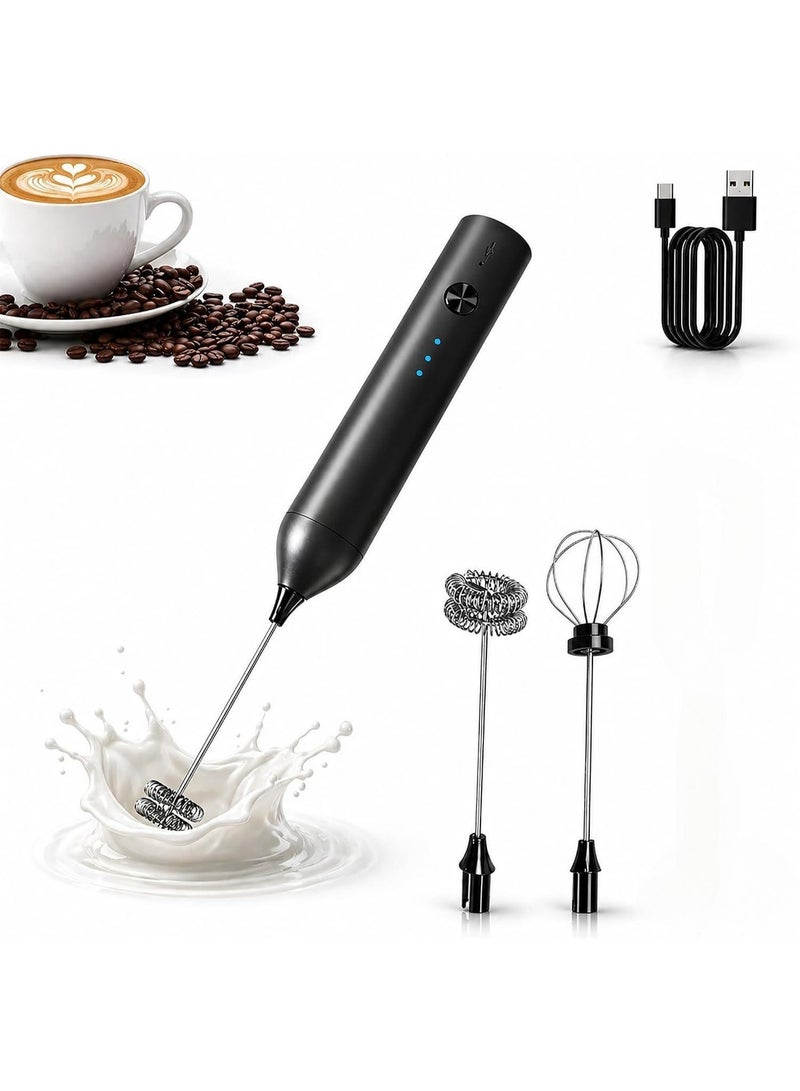Hugifts Rechargeable Milk Frother Handheld, Stainless Steel Whisk Head Electric Coffee Frother, Portable Hand Frother Wand Drink Mixer for Frappe Drink, Cappuccino, Kitchen Gifts Black with Stand - Image 1