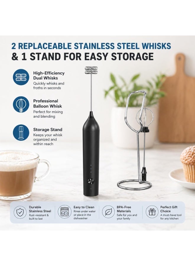 Hugifts Rechargeable Milk Frother Handheld, Stainless Steel Whisk Head Electric Coffee Frother, Portable Hand Frother Wand Drink Mixer for Frappe Drink, Cappuccino, Kitchen Gifts Black with Stand - Image 4