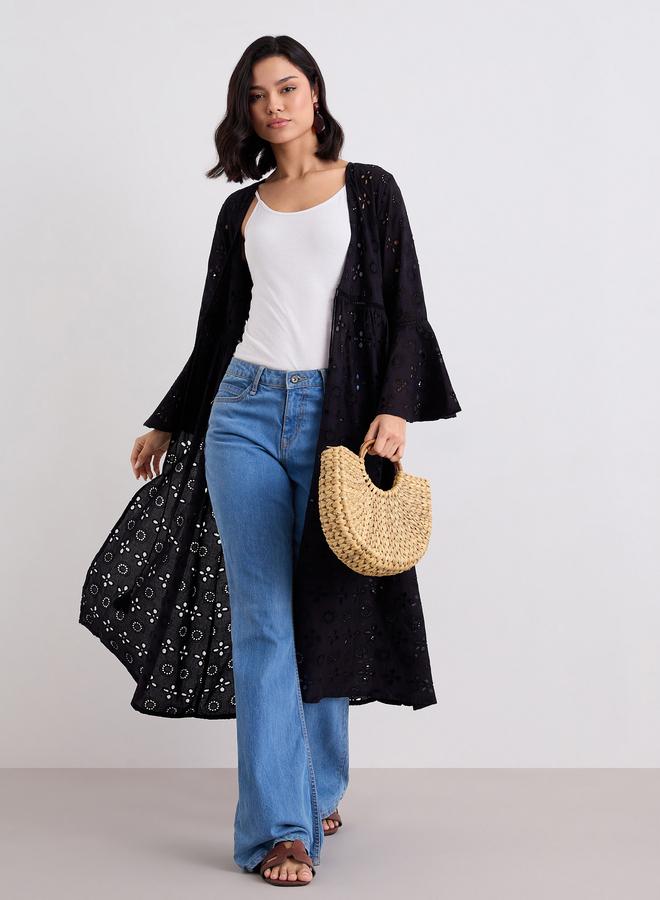 Styli Black Schiffli Kimono with Tie-Front - Image 1