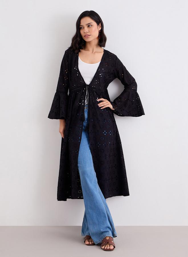 Styli Black Schiffli Kimono with Tie-Front - Image 2