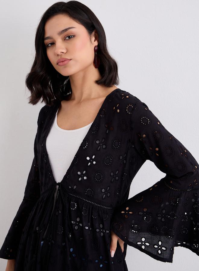 Styli Black Schiffli Kimono with Tie-Front - Image 3