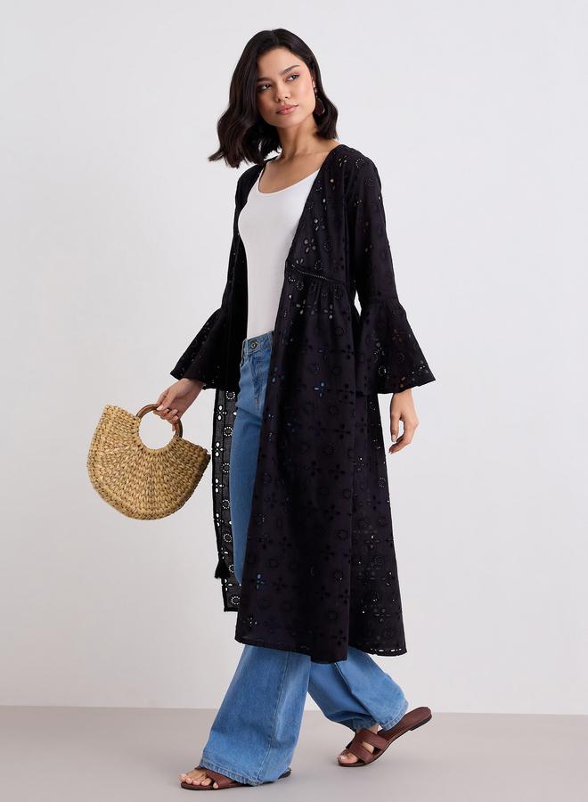 Styli Black Schiffli Kimono with Tie-Front - Image 5