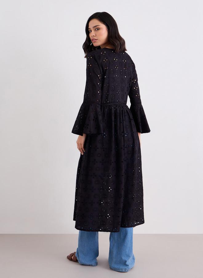 Styli Black Schiffli Kimono with Tie-Front - Image 4