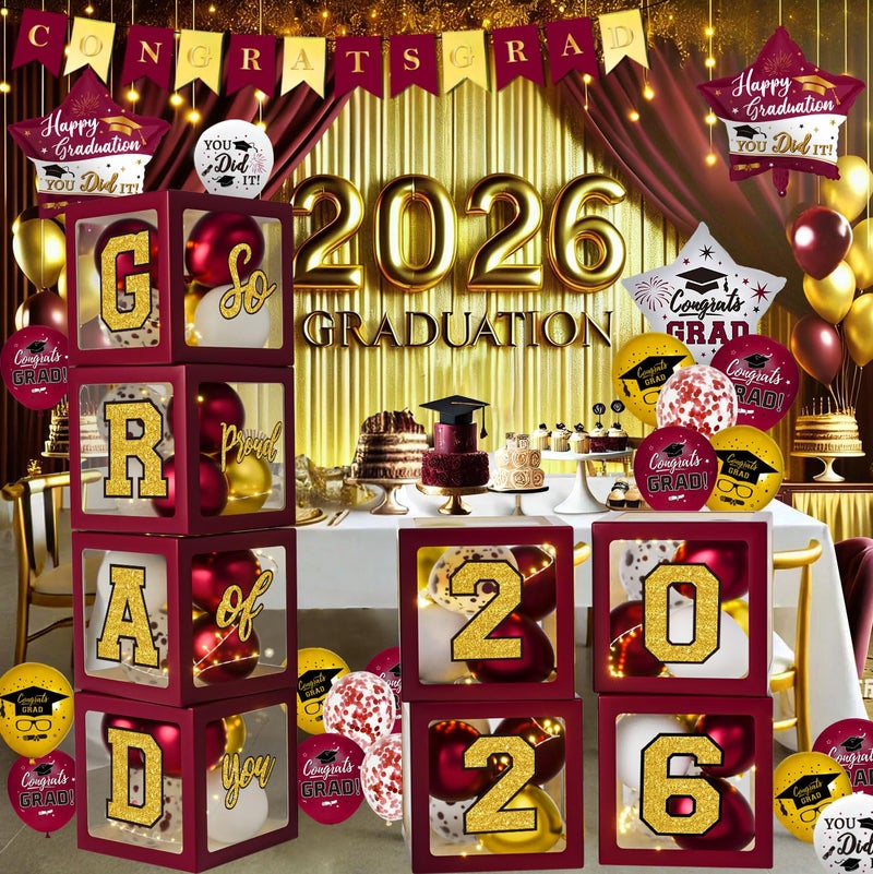 QIYANPAX زينة التخرج دفعة 2026 باللونين الماروني والذهبي بالونات وصناديق مزينة بحروف 2026 تخرج فخورون بك تهانينا زينة حفلات التخرج لجميع المراحل - Image 2