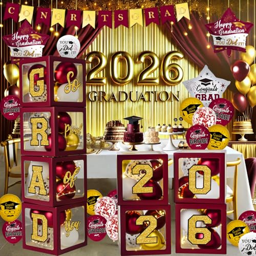 QIYANPAX زينة التخرج دفعة 2026 باللونين الماروني والذهبي بالونات وصناديق مزينة بحروف 2026 تخرج فخورون بك تهانينا زينة حفلات التخرج لجميع المراحل - Image 1