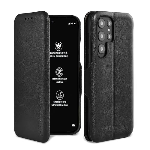 PULOKA Premium Vegan Leather Phone Cover with Card Slot – Compatible with Samsung Galaxy S25 Ultra – Sleek Flip Case, Slim, Durable, Privacy Protection, Kickstand Function (Black) - Image 1