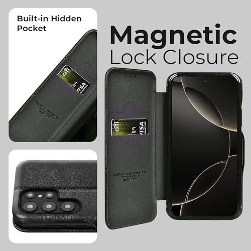 PULOKA Premium Vegan Leather Phone Cover with Card Slot – Compatible with Samsung Galaxy S25 Ultra – Sleek Flip Case, Slim, Durable, Privacy Protection, Kickstand Function (Black) - Image 5