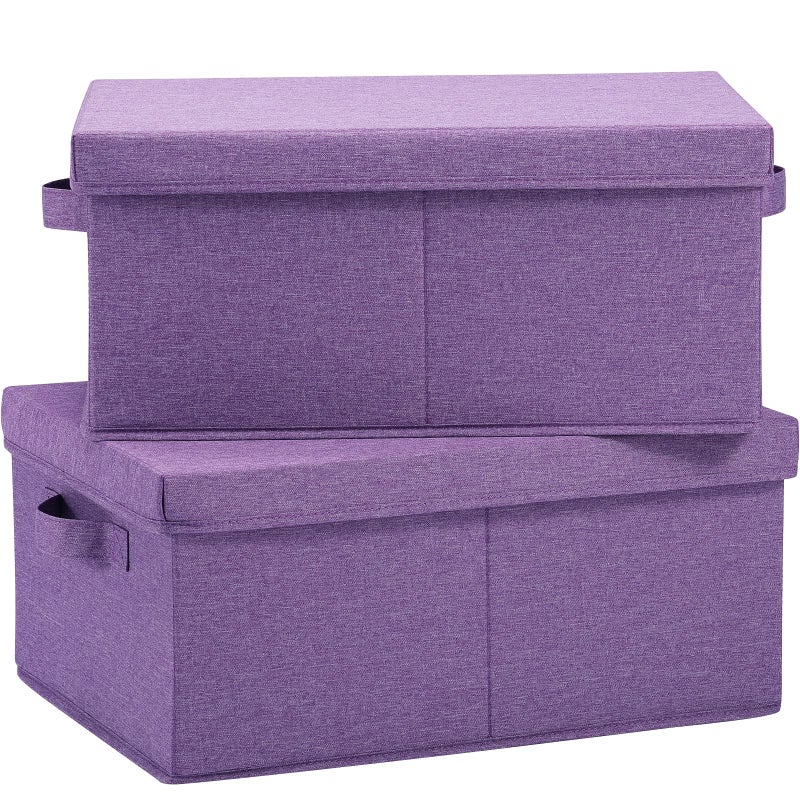 HOONEX Foldable Storage Bins with Lids Pack of 2 Storage Boxes with 2 Carrying Handles and Sturdy Heavy Cardboard 165 L x 118 W x 75 H for Shoes Books Clothes Purple