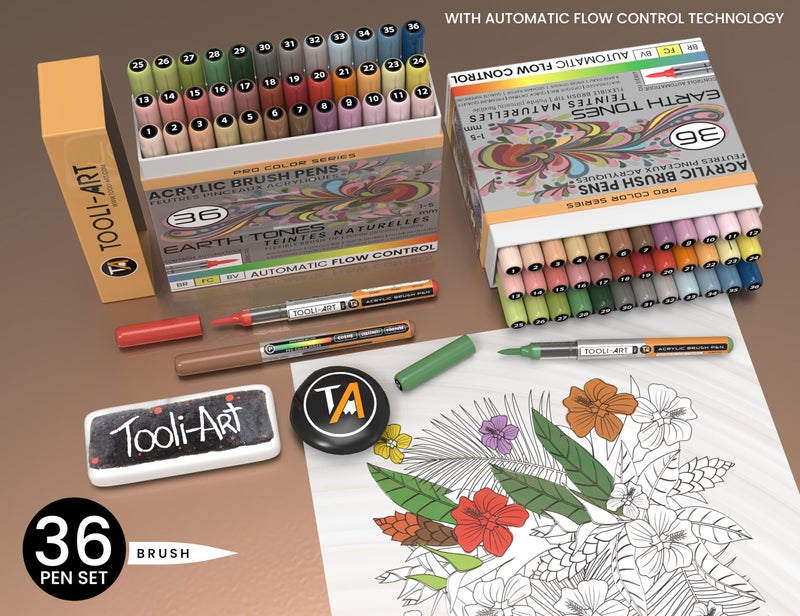 TOOLI-ART 36 Earth Tones Flexible Brush Tip Acrylic Paint Pens Automatic Flow Control 1-5mm Line for Rock Painting,Coloring, Lettering,Scrapbooking,Glass,Mugs,Wood,Metal,Canvas,Fabric,Plastic Waterbased - Image 2