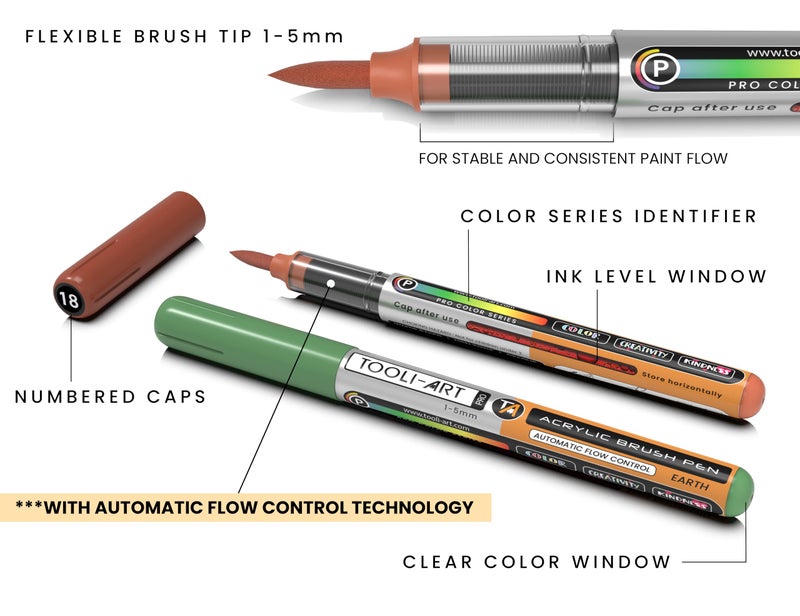 TOOLI-ART 36 Earth Tones Flexible Brush Tip Acrylic Paint Pens Automatic Flow Control 1-5mm Line for Rock Painting,Coloring, Lettering,Scrapbooking,Glass,Mugs,Wood,Metal,Canvas,Fabric,Plastic Waterbased - Image 3