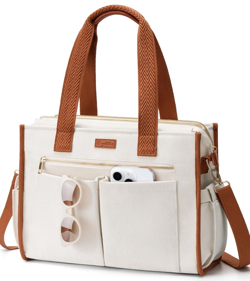 Bagstellar Canvas Tote Bag for Women, 15-Pocket Large Crossbody Purse Shoulder Satchel Handbag Bible Laptop Bag Zipper Bookbag for Teacher Nurse Work Travel College Everyday - Image 1