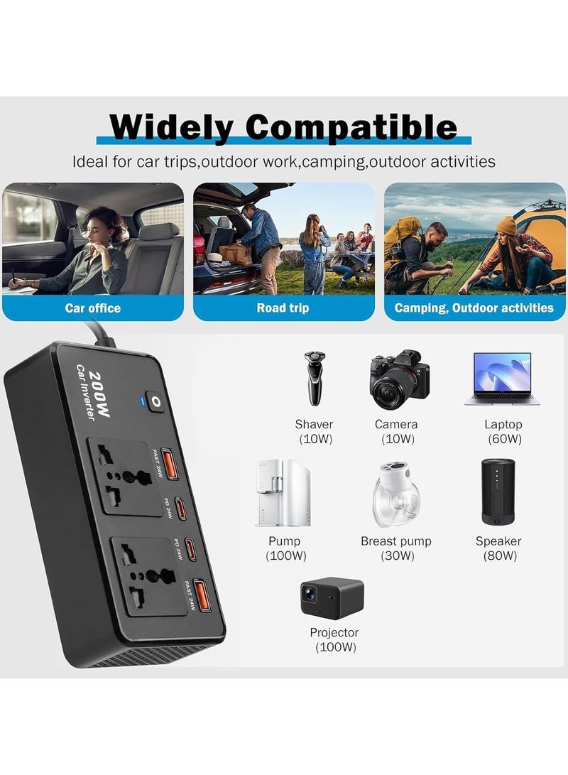 JBQ محول طاقة السيارة 200 واط DC 12V إلى AC 220V مع منفذ شحن سريع USB-C – محول طاقة محمول للمركبات للهواتف، أجهزة الكمبيوتر المحمولة، الأجهزة اللوحية، والإلكترونيات الأخرى – تصميم مدمج، متين مع حماية أمان - Image 5