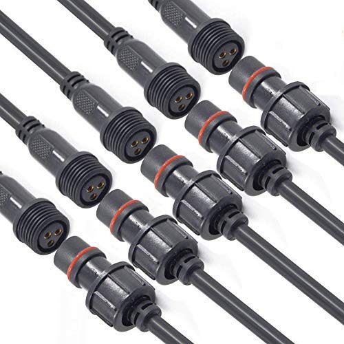 YETOR Waterproof Connector 3wire, 16AWG Male Female Plug LED Connector with 3Pin Waterproof Connectors IP68 20CM Extension Cable for Indoor/Outdoor LED Strip Lights.(5Pairs) - Image 1