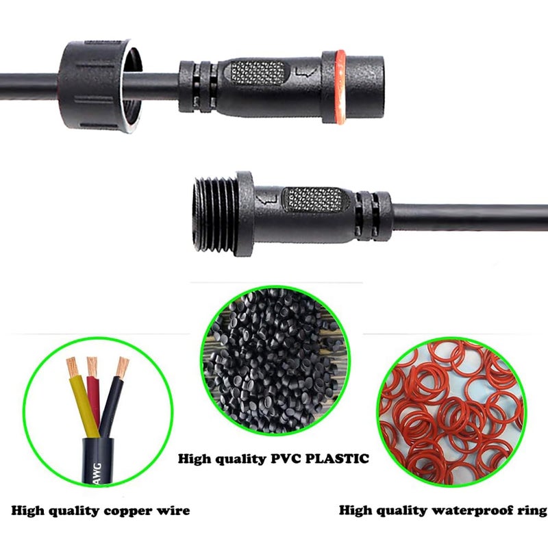 YETOR Waterproof Connector 3wire, 16AWG Male Female Plug LED Connector with 3Pin Waterproof Connectors IP68 20CM Extension Cable for Indoor/Outdoor LED Strip Lights.(5Pairs) - Image 5