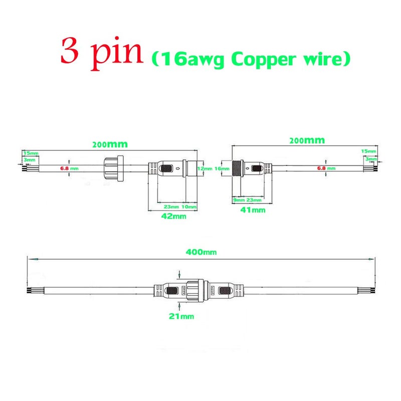YETOR Waterproof Connector 3wire, 16AWG Male Female Plug LED Connector with 3Pin Waterproof Connectors IP68 20CM Extension Cable for Indoor/Outdoor LED Strip Lights.(5Pairs) - Image 3