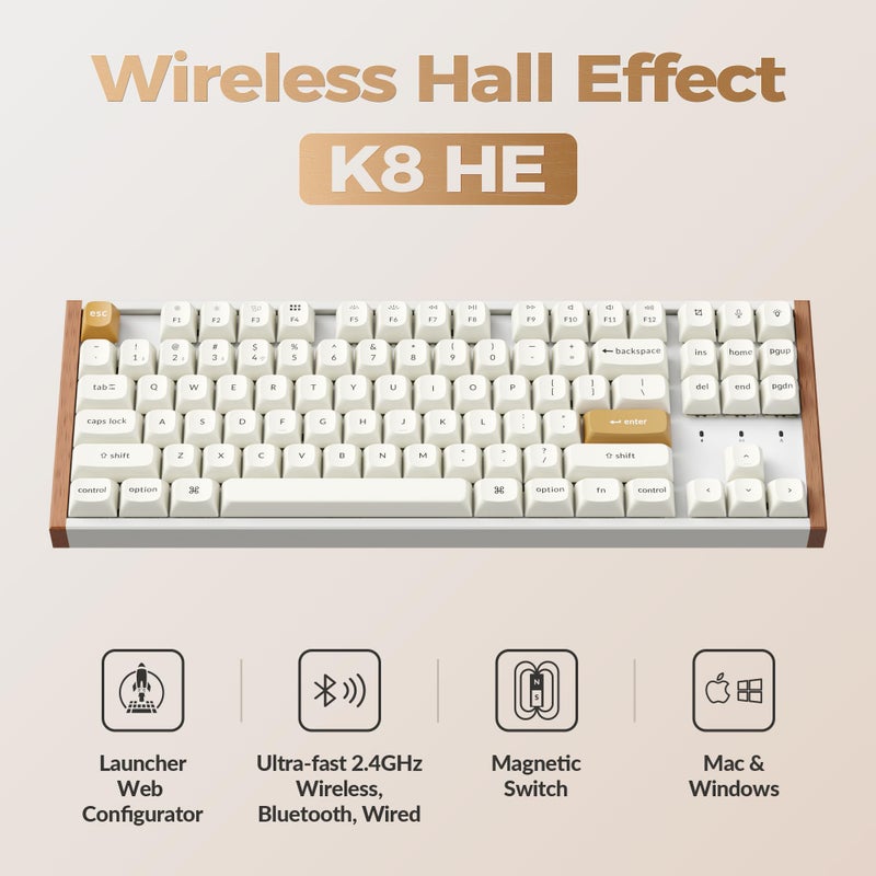 Keychron K8 HE TKL Hall Effect Wireless Mechanical Keyboard, Magnetic Hot-Swappable Switches, Rapid Trigger, QMK/VIA, RGB, 2.4GHz/Bluetooth 5.2/Wired, Aluminum & Wood Frame, Mac Windows Linux - White - Image 2