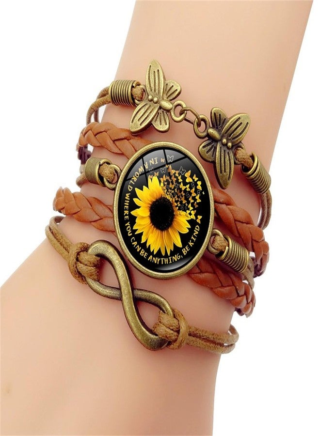 RLHRNDE Boho Sunflower Leather Bracelet for Women Handmade You are My Sunshine Friendship Bracelets Western Cowgirl Adjustable Woven Jewelry Gifts (Brown A) - Image 2