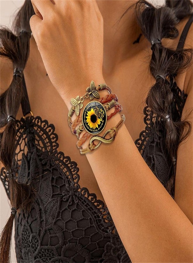 RLHRNDE Boho Sunflower Leather Bracelet for Women Handmade You are My Sunshine Friendship Bracelets Western Cowgirl Adjustable Woven Jewelry Gifts (Brown A) - Image 3