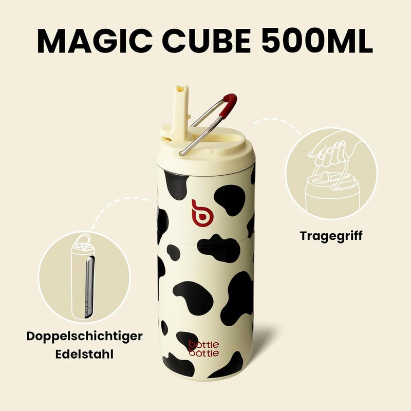 bottle bottle زجاجة زجاجة زجاجة شرب من الفولاذ المقاوم للصدأ مع قشة، 500 مل، زجاجة ماء رياضية مانعة للتسرب (بقرة) - Image 4
