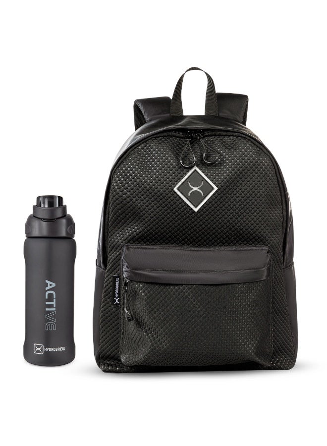 Hydrobrew 17" Backpack w/ Sip Switch Tritan Water Bottle 1000ml | Laptop Backpack w/ Bottle – Black - Image 1