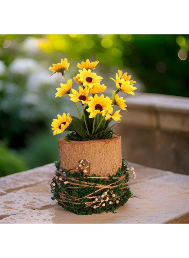 natural wood pot with artificial plants - natural wood - 18*10 cm