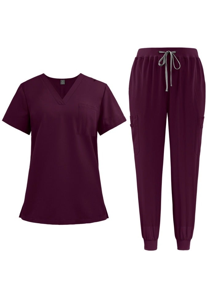 Loquat Medical Uniform Scrubs 2 Piece Set V-Neck Top and Jogger Pants Suit Dark Wine Red 