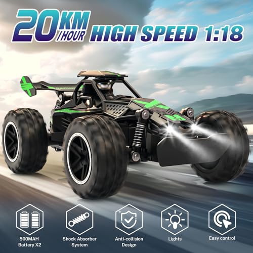 ACAMMZAR Remote Control Car 118 High Speed RC Cars for Kids 20KMH Monster RC Truck Off Road with Lights Toys for Boys Green - Image 5