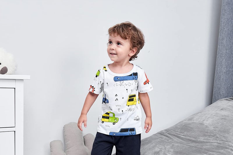 BINIDUCKLING Little Boy Clothing Set Toddler Kid Cute Car Print T-Shirt Navy Shorts Outfit 4T - Image 3
